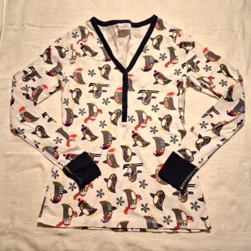 Hanna Andersson women's size Small penguin white pajama top with snaps vguc